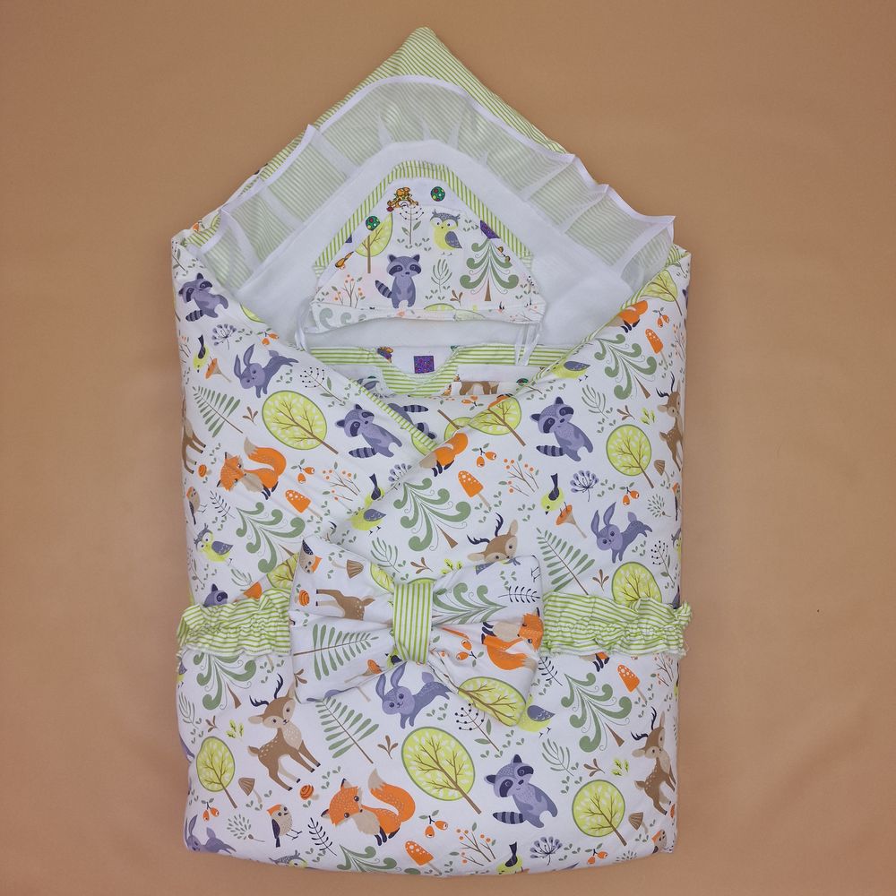 Комплект на выписку 12 пр: одеяло+пододеяльник+уголок+2 пеленки+3 распашонки+3 чепчика+бант артикул анонс 1878б-2-2_о_13