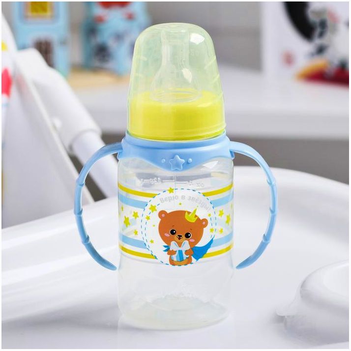 № 4644208 Бутылочка для кормления «Мишка принц», классическое горло, 150 мл., от 0 мес., цилиндр, с ручками