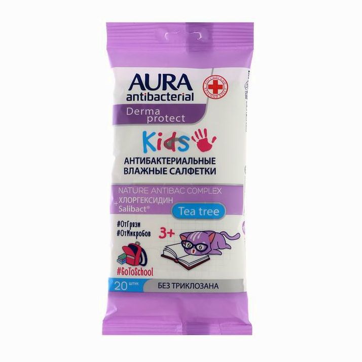 Влажные салфетки AURA, детские 3+, 20 шт. артикул анонс 5426626