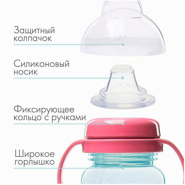 № 9269312 Поильник - непроливайка с силиконовым носиком, 270 мл, бирюзовый/розовый