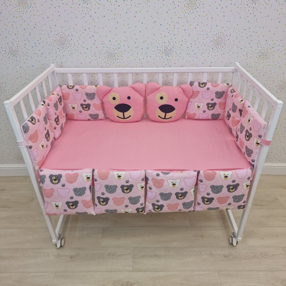 Бортик - 2 мишки + 10 подушек по всему периметру кроватки (бязь + синтепух ш/синтепон) артикул анонс 994
