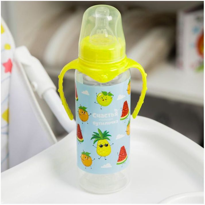 № 4644216 Бутылочка для кормления «Фрукты», классическое горло, 250 мл., от 0 мес., цилиндр, с ручками