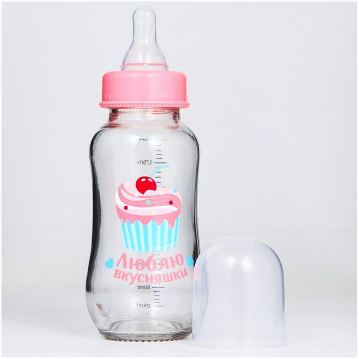 Картинка Бутылочка стекло «Люблю вкусняшки», классическое горло, средний поток, 180 мл., от 3 мес. (№5478800) от магазина Мир детей Товары для Новорожденных