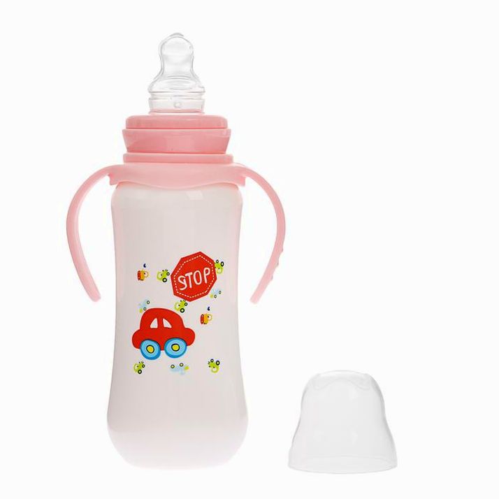 № 2825255 Бутылочка для кормления с ручками, 280 мл, от 0 мес., цвет белый/розовый, рисунок МИКС
