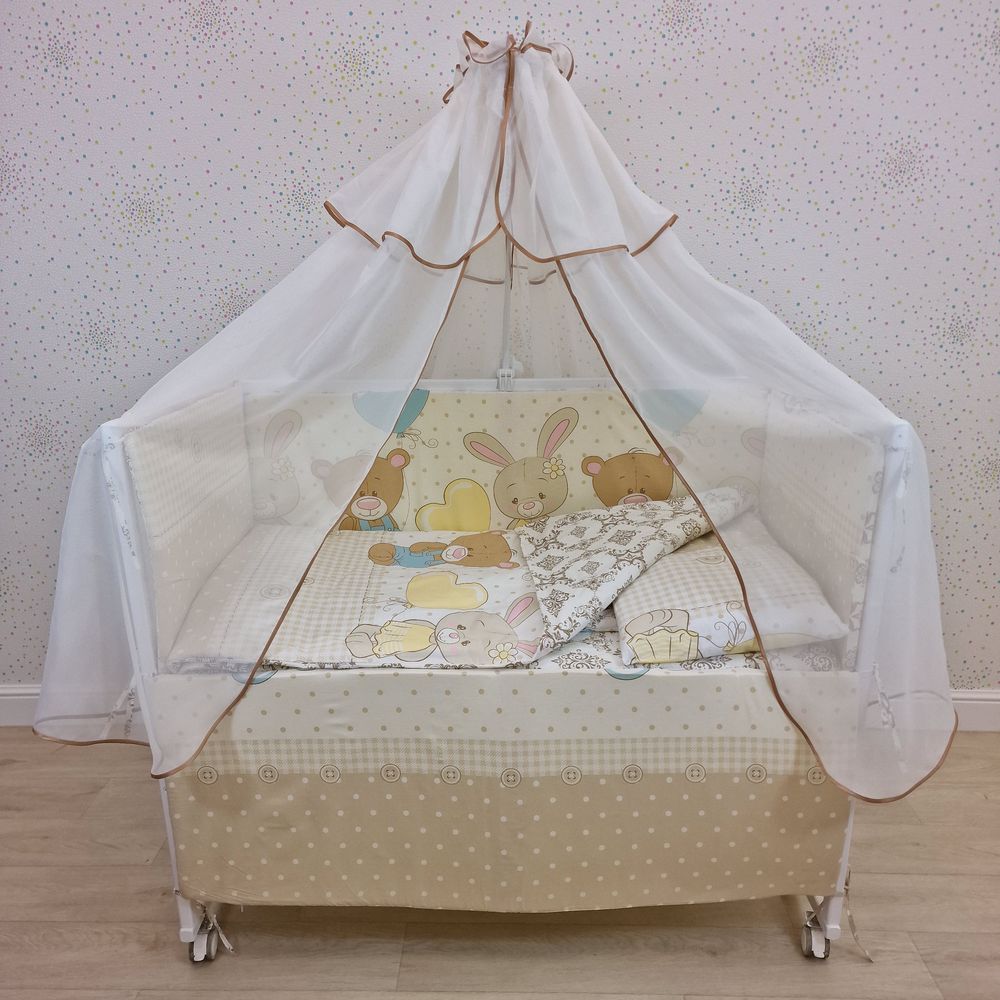 Картинка КПБ 10 пр (балдахин + борт + пододеяльник + одеяло + наволочка + подушка + простынь (бязь) 4прямуг (№1147-4-1) цвета в ассортименте от магазина Мир детей Товары для Новорожденных