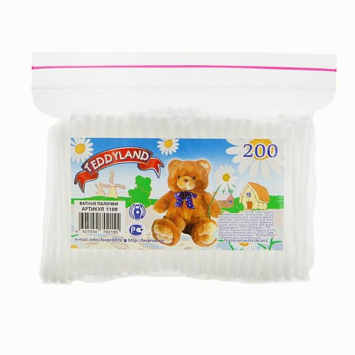 Ватные палочки Teddyland, 200 шт. артикул анонс 2323358