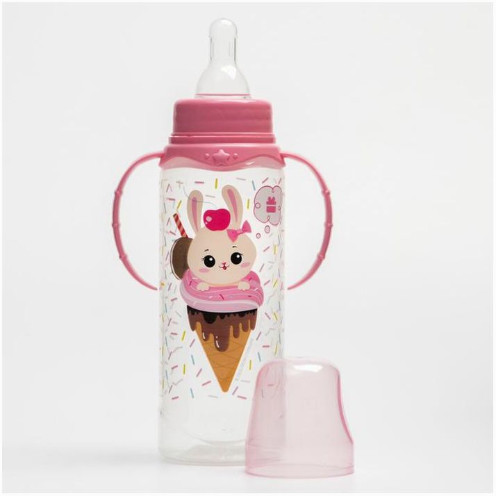 Картинка Бутылочка для кормления «Зайка, пончик», классическое горло, 250мл., от 0 мес., цилиндр, с ручками (№4644213) от магазина Мир детей Товары для Новорожденных