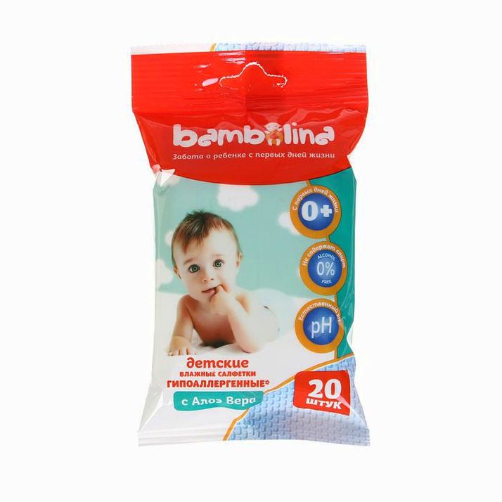№ 3747786 Влажные салфетки Bambolina, для детей, с экстрактом алоэ, 20 шт