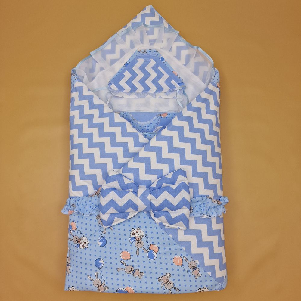 Комплект на выписку 12 пр: одеяло+пододеяльник+уголок+2 пеленки+3 распашонки+3 чепчика+бант артикул анонс 1879б-2-1_о_07