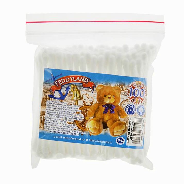 Ватные палочки Teddyland, 100 шт. артикул анонс 2323357