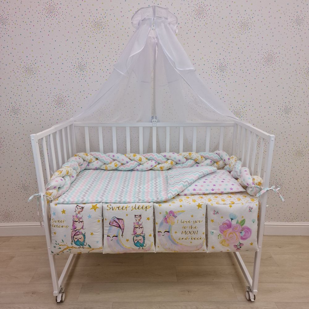 КПБ 11 пр (балдахин + борт + пододеяльник + одеяло + наволочка + подушка + простынь (бязь) коса артикул анонс 1160-0-1К_05