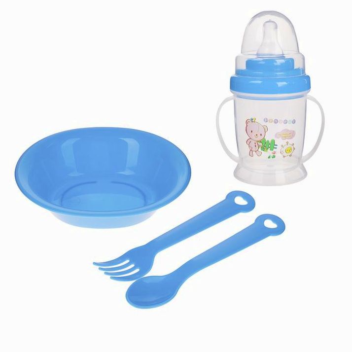 Картинка Набор детской посуды, 4 предмета: миска, ложка, вилка, бутылочка 200 мл, цвета МИКС (№2825393) от магазина Мир детей Товары для Новорожденных