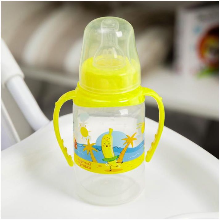 № 4644211 Бутылочка для кормления «Фрукты пляж», классическое горло, 150 мл., от 0 мес., цилиндр, с ручками