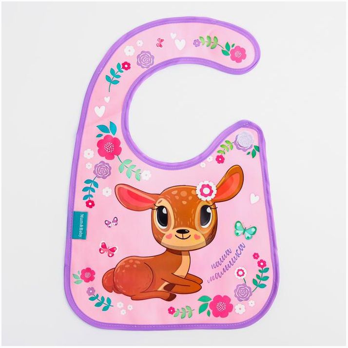 Нагрудник для кормления «Олененок» непромокаемый на липучке, с карманом артикул анонс 4645592