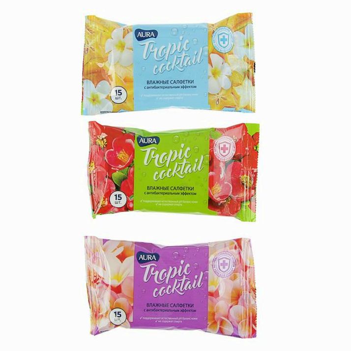 Влажные салфетки Aura Tropic Cocktail, c антибактериальным эффектом, 15 шт артикул анонс 1815886