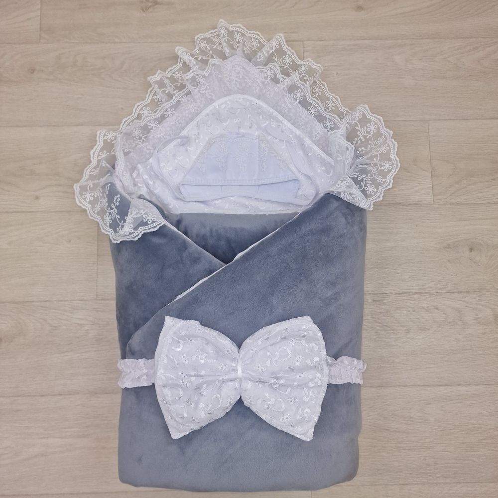 Комплект на выписку 4 пр: одеяло+уголок+чепчик+бант артикул анонс 1867в-0-2_к
