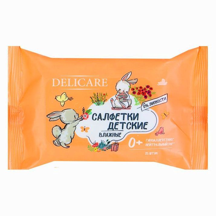 Влажные салфетки Delicare, для детей, Зайчики, 15 шт. артикул анонс 4420004