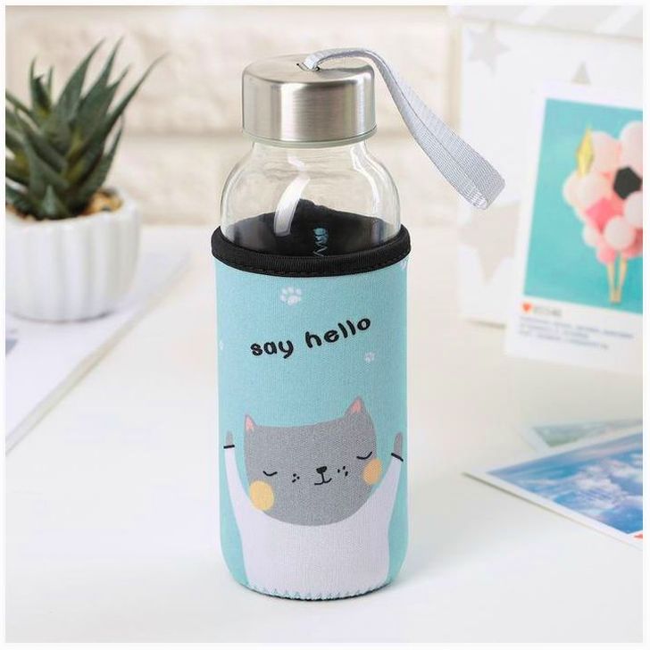 Бутылка для воды стеклянная в чехле «Милые животные», 300 мл, h=17 см, рисунок МИКС артикул анонс 3613016