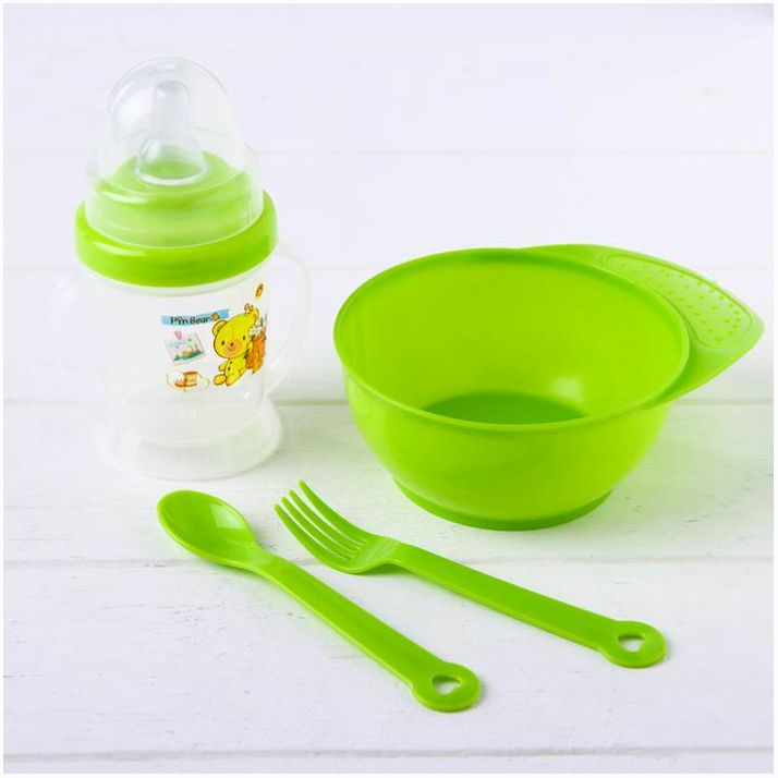 Картинка Набор посуды, 4 предмета: миска 300 мл, бутылочка 180 мл, ложка, вилка, цвета МИКС (№2293758) от магазина Мир детей Товары для Новорожденных