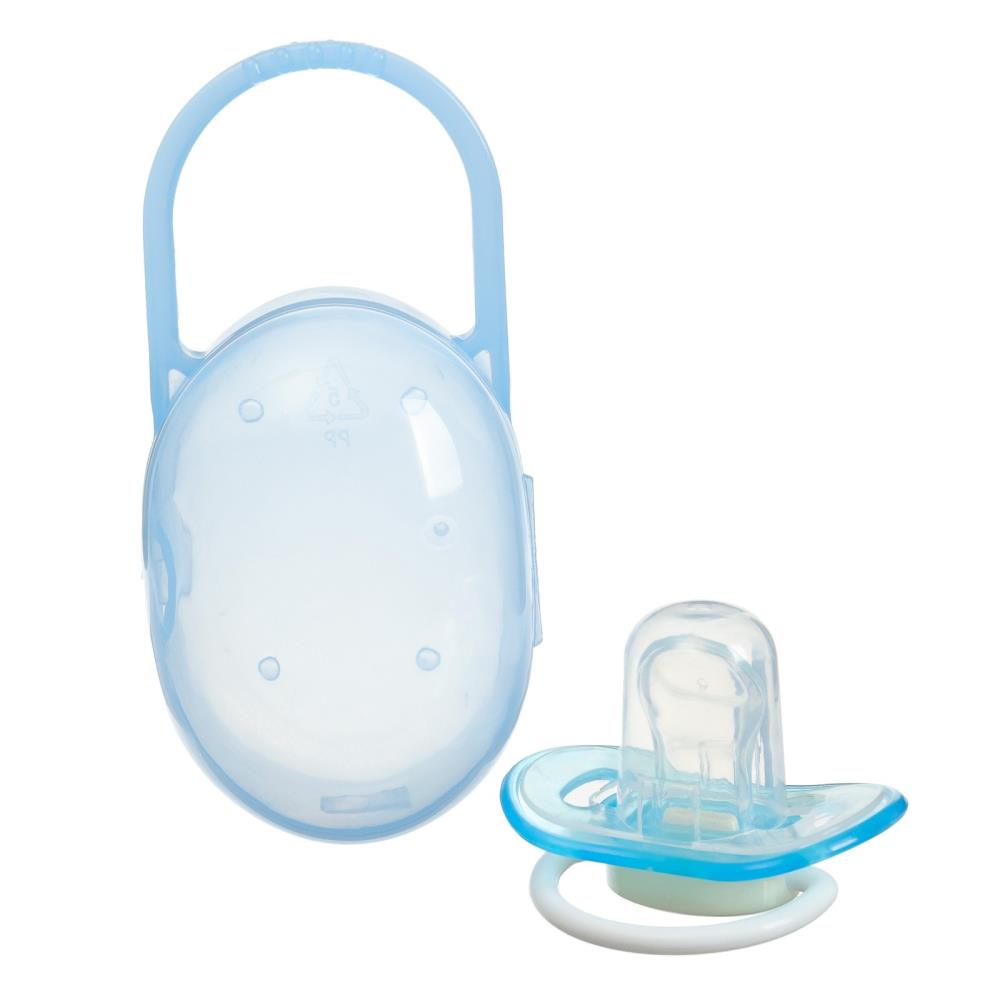 № 10387562 Соска - пустышка силиконовая ортодонтическая, от 3 мес., с колпачком, в контейнере, цвет голубой