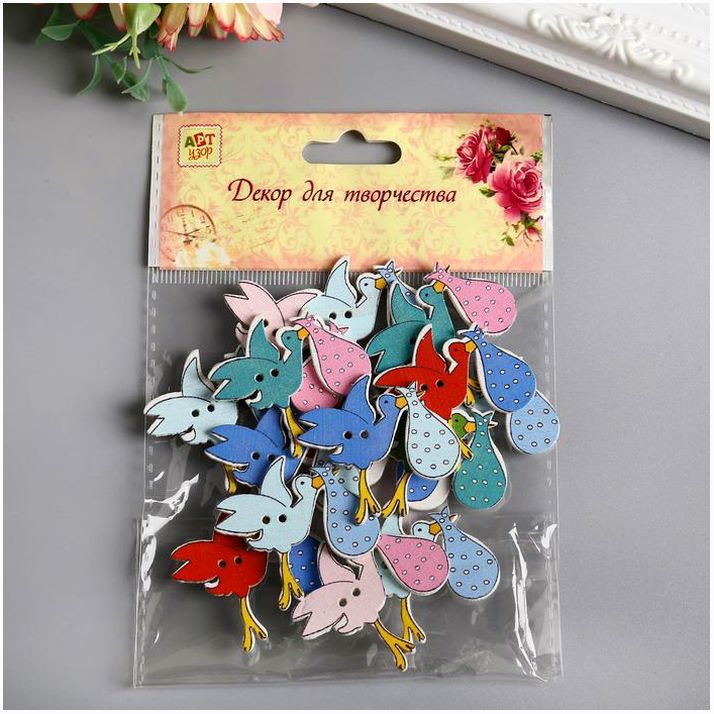 Картинка Набор пуговиц для творчества дерево "Аист с малышом" набор 15 шт 3,4х3,5 см (№4287394) от магазина Мир детей Товары для Новорожденных