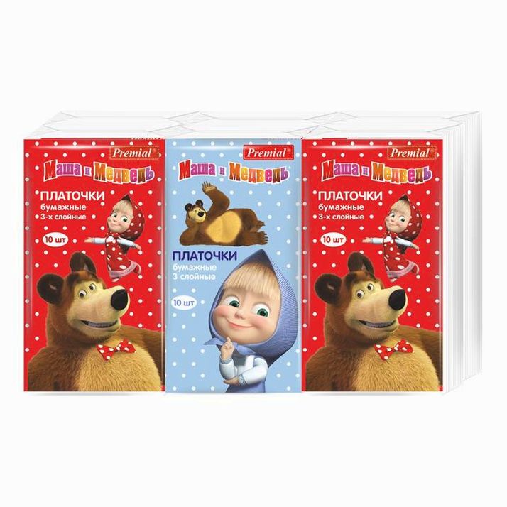 Платочки бумажные «Premial» Маша и Медведь, трехслойные, 10 шт/уп артикул анонс 1239980