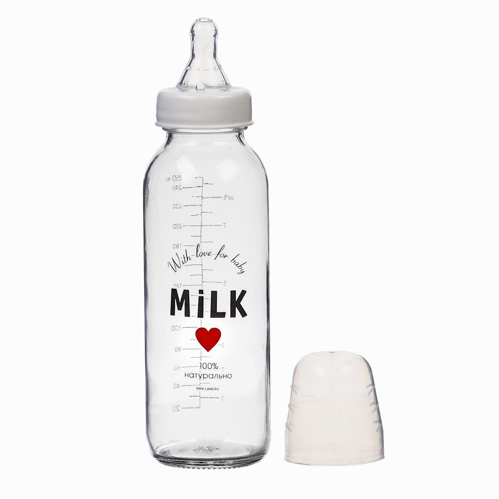 Картинка Бутылочка для кормления стекло «Milk», классическое горло, 250 мл., от 3 мес. (№9765611) от магазина Мир детей Товары для Новорожденных