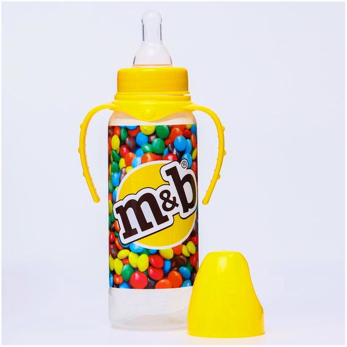 Картинка Бутылочка для кормления «Драже M&B», классическое горло, 250 мл., от 3 мес., цилиндр, с ручками (№5399868) от магазина Мир детей Товары для Новорожденных