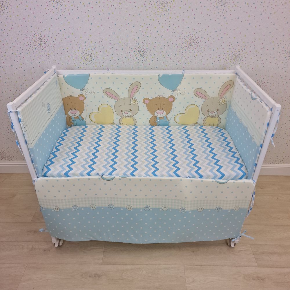 Бортик из 4 (2дл+2пр) подушек по всему периметру кроватки (бязь + пенополиуретан) артикул анонс 929