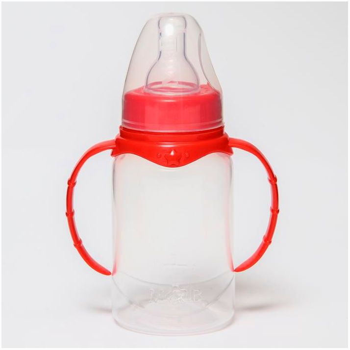 № 7012035 Бутылочка для кормления, классическое горло, 150 мл., от 0 мес., цилиндр, с ручками, цвет МИКС