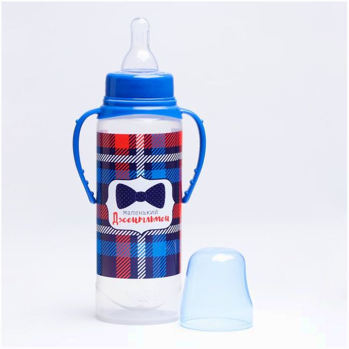Картинка Бутылочка «Маленький джентльмен», классическое горло, с ручками, 250 мл., от 0 мес., цвет синий (№2969846) от магазина Мир детей Товары для Новорожденных