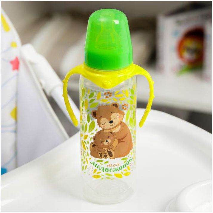 № 4644215 Бутылочка «Мишки: мамы и малыши», классическое горло, 250 мл., от 0 мес, цилиндр, с ручками