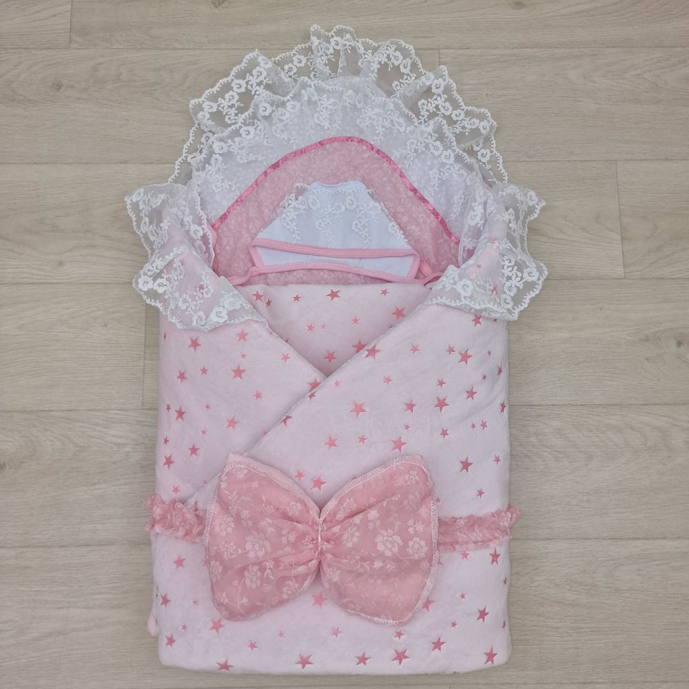 Комплект на выписку 4 пр: одеяло+уголок+чепчик+бант артикул анонс 1867в-0-1_к_17