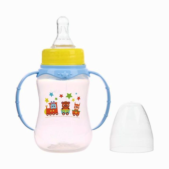 № 2969850 Бутылочка «Паровозик» , с ручками, 150 мл, от 0 мес., цвет голубой