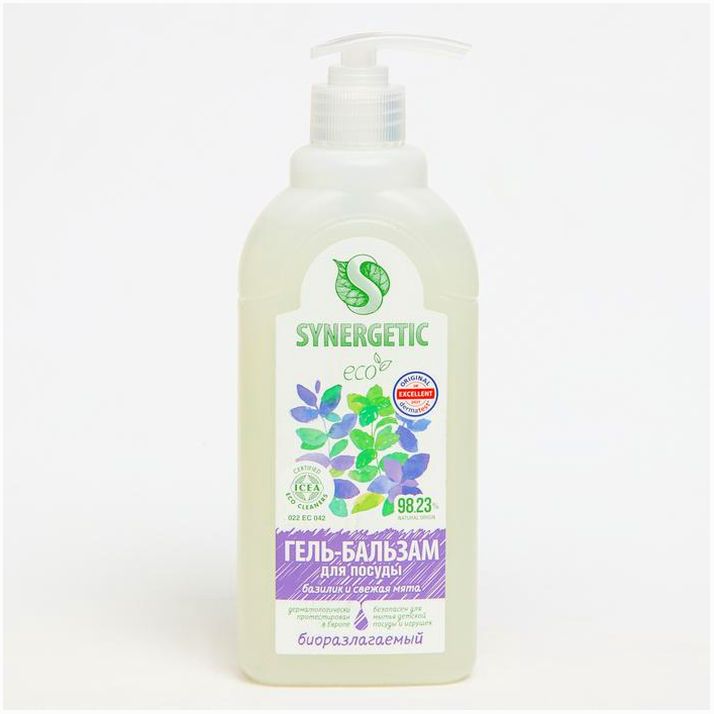 Гель-бальзам для мытья посуды и детских игрушек SYNERGETIC Базилик и свежая мята,биоразлагаемый,0,5л артикул анонс 9619251