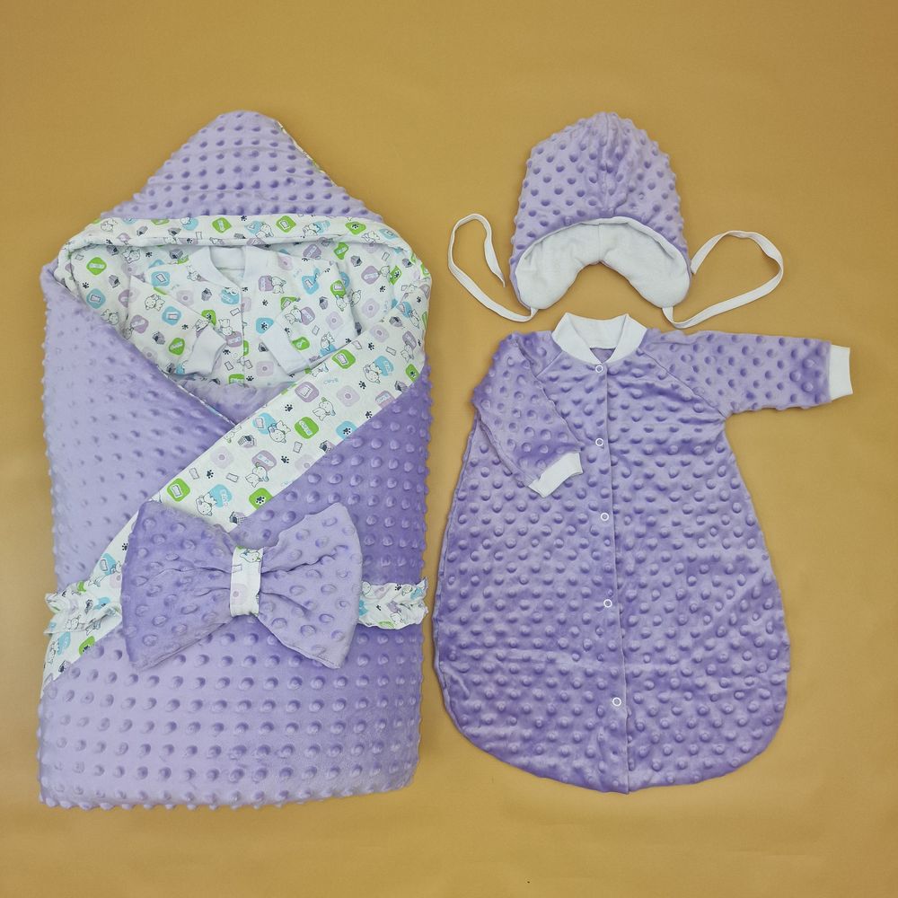 Комплект на выписку 7 пр: одеяло+уголок+конверт+кофточка+шапочка+ползунки+бант артикул анонс 1884в-1-2_о_20