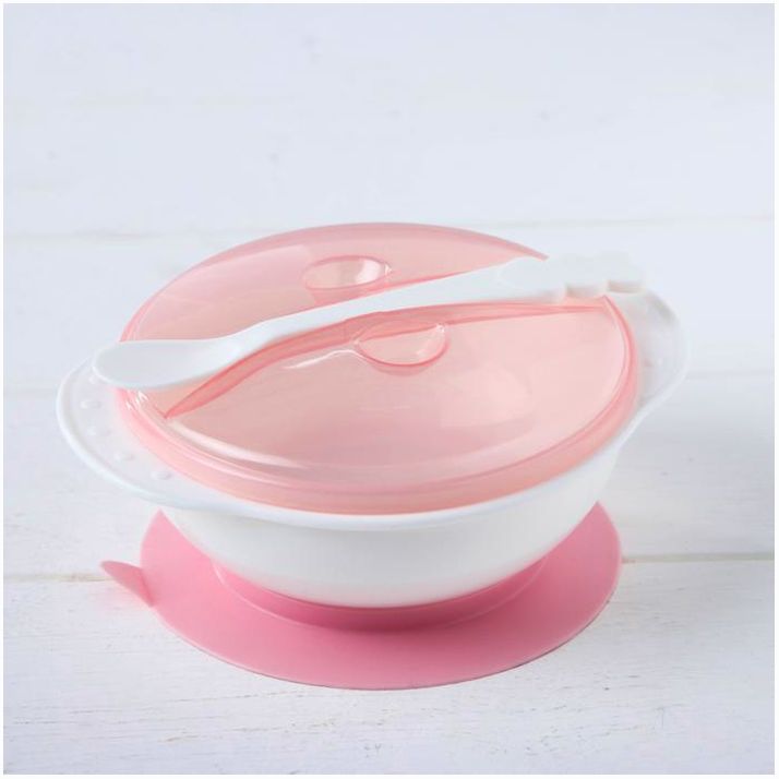 Набор, 3 пр: миска на присоске 400 мл, крышка, ложка, цвет присоски розовый, цвет крышки МИКС артикул анонс 1886151