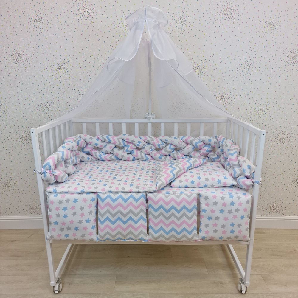 КПБ 11 пр (балдахин + борт + пододеяльник + одеяло + наволочка + подушка + простынь (бязь) коса артикул анонс 1156-0-1