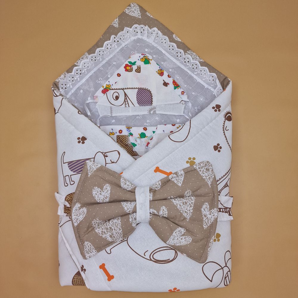 Комплект на выписку 7 пр: одеяло+уголок+пеленка+2 распашонки+чепчик+бант артикул анонс 1880б-2-1_о_10