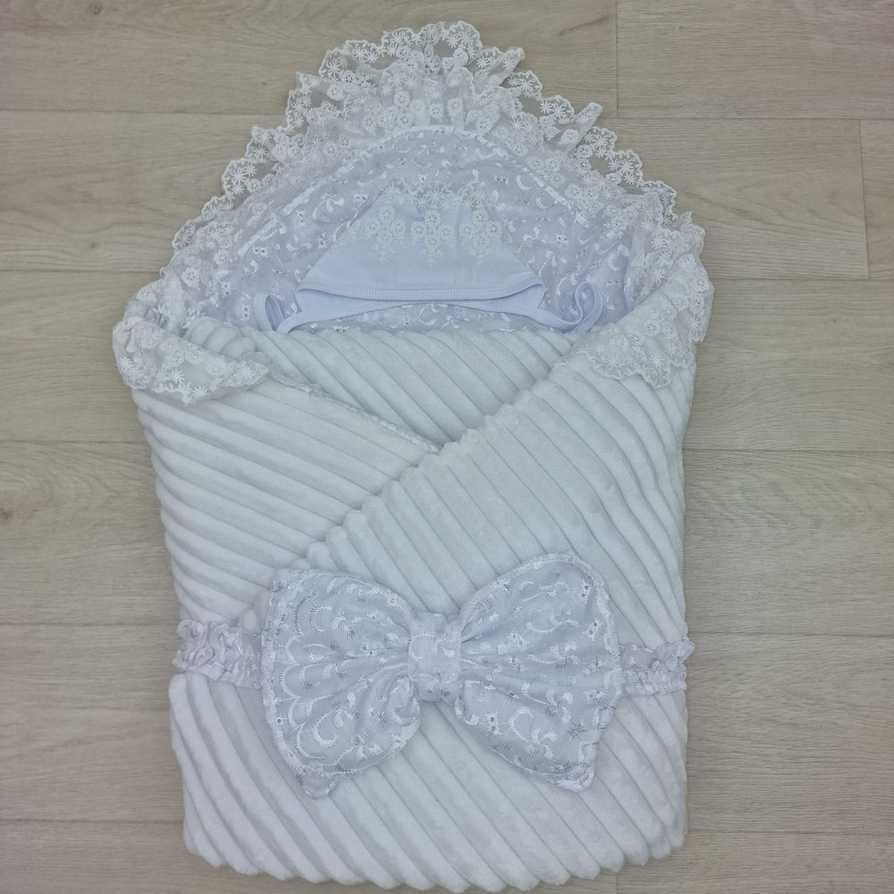 Комплект на выписку 4 пр: одеяло+уголок+чепчик+бант артикул анонс 1867в-0-2_к_04