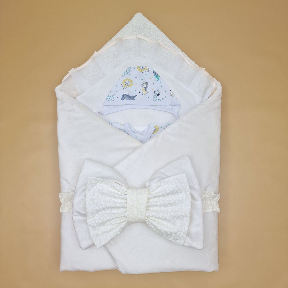Комплект на выписку 6 пр: одеяло+уголок+распашонка+пеленка+чепчик+бант артикул анонс 1889в-0-2_о_07