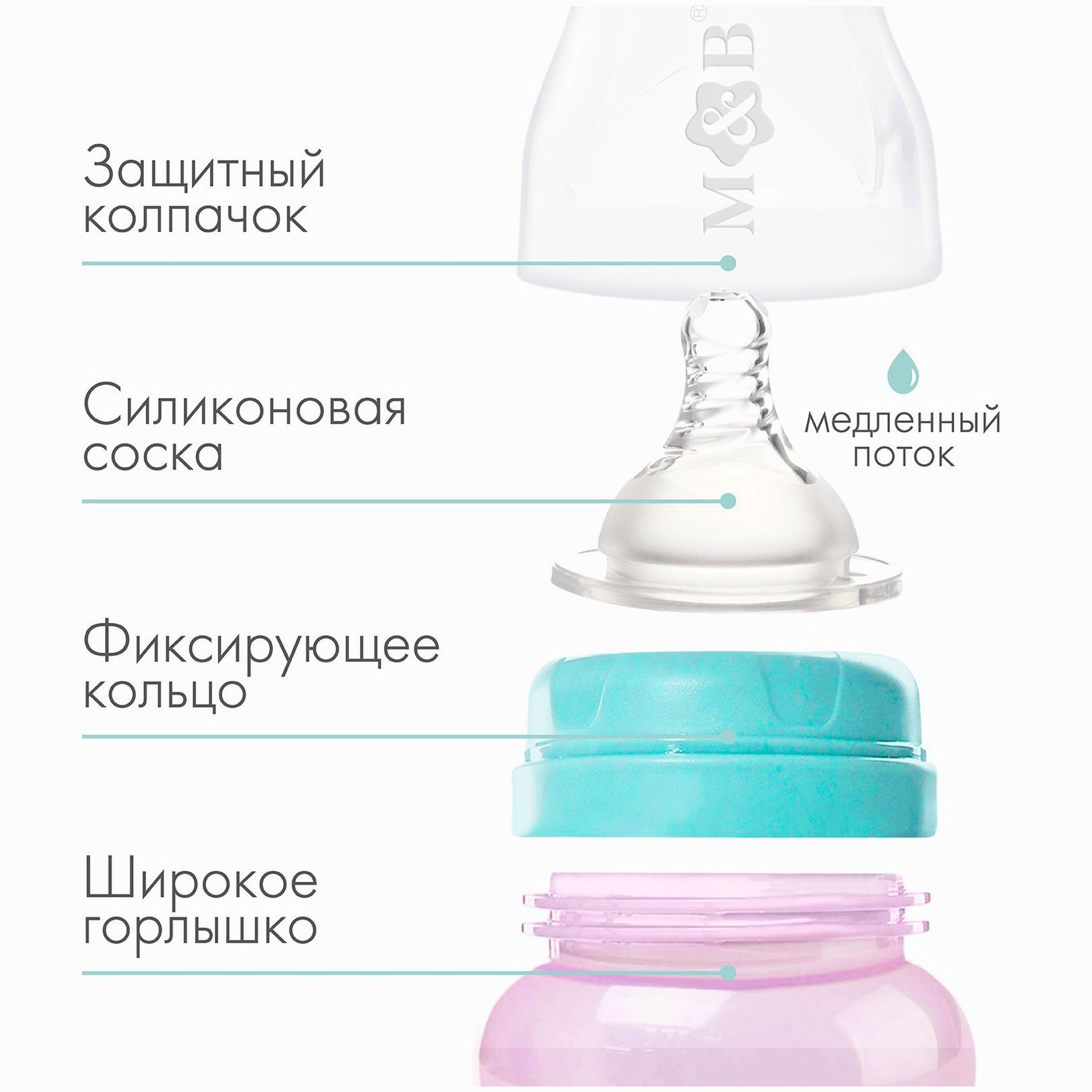 № 9269321 Бутылочка для кормления, широкое горло, 270 мл, розовый/бирюзовый