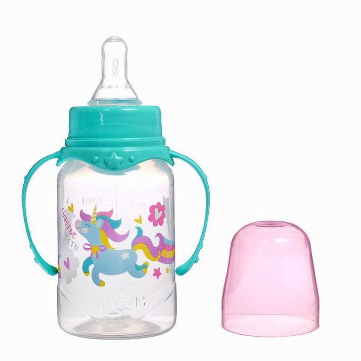 № 2969884 Бутылочка «Волшебная пони», кдассическое горло, с ручками, 150 мл, от 0 мес., цвет бирюзовый