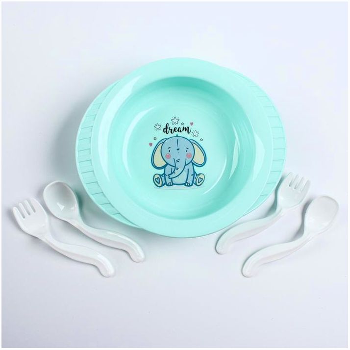 № 1378595 Набор детской посуды: тарелка на присоске, 500 мл, ложка, 2 шт., вилка, 2 шт., цвета МИКС