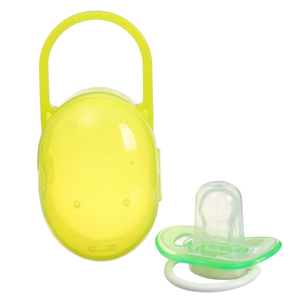 № 10387561 Соска - пустышка силиконовая ортодонтическая, от 3 мес., с колпачком, в контейнере,  желтый/зеленый