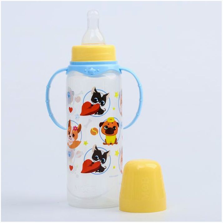 Картинка Бутылочка «ТРЕНД. Песики», классическое горло, 250 мл., от 3 мес., цилиндр, с ручками, цвет голубой (№4882555) от магазина Мир детей Товары для Новорожденных