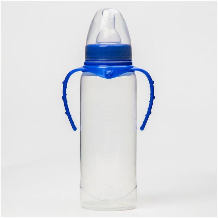 № 7012038 Бутылочка для кормления, классическое горло, 250 мл., от 3 мес., цилиндр, с ручками, цвет МИКС