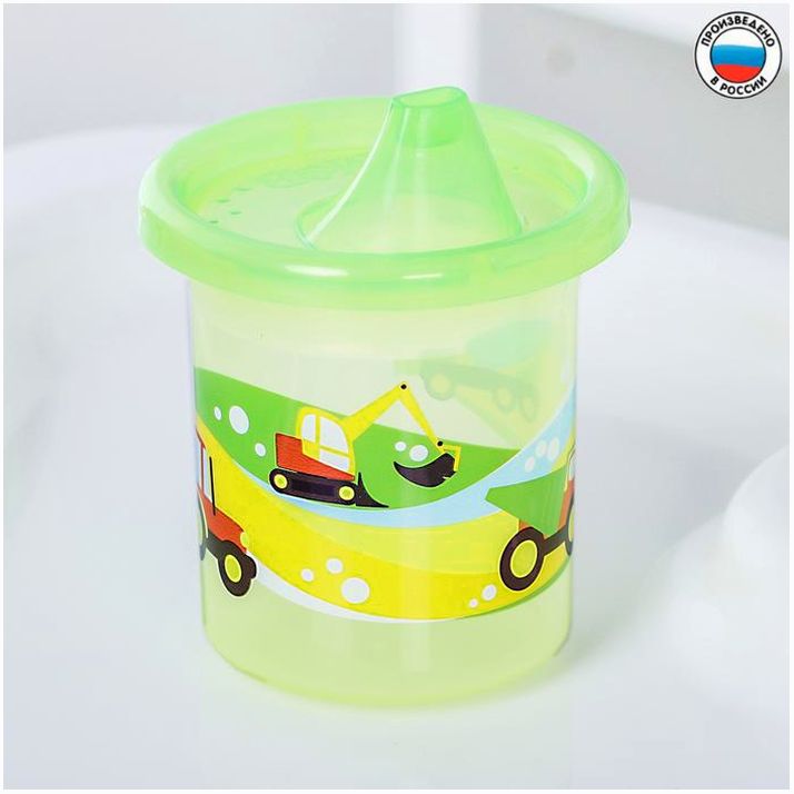 Поильник детский «Транспорт» с твёрдым носиком 200 мл, цвет желтый/зеленый артикул анонс 3721457