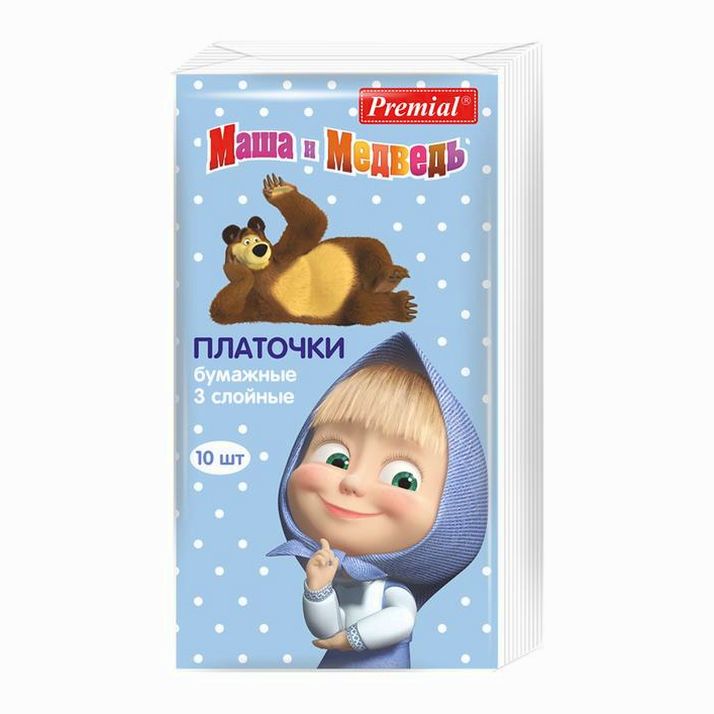 № 1239980 Платочки бумажные «Premial» Маша и Медведь, трехслойные, 10 шт/уп