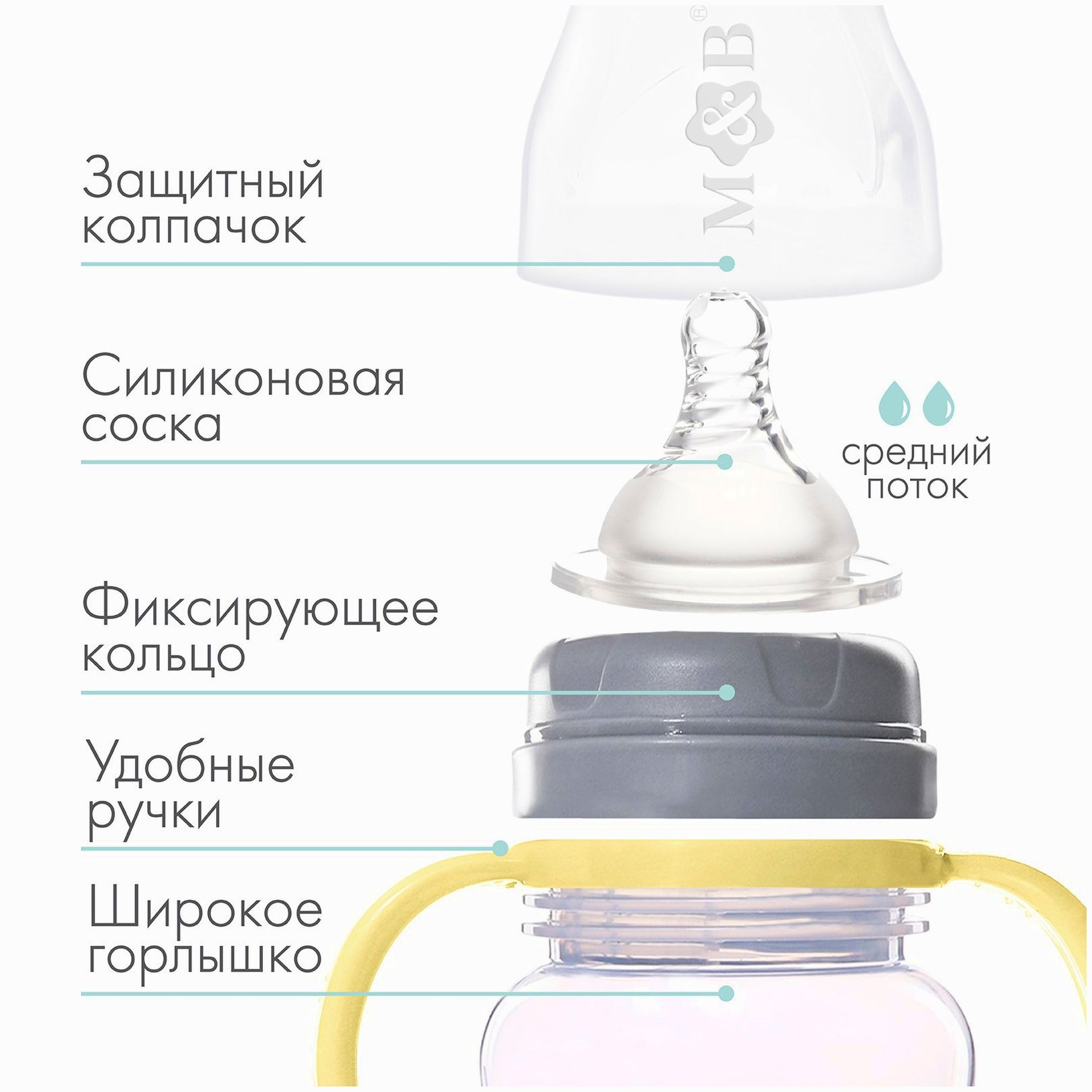 № 9269323 Бутылочка для кормления, широкое горло, 270 мл, с ручками, бежевый/серый